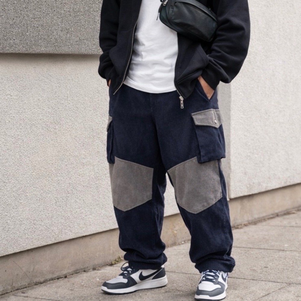 NWT Ouku Mens Corduroy Cargo Pants‎ Navy Blue Grey Colorblock Relaxed Fit Sz L